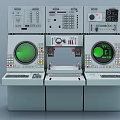 Industrial Control Console Equipment With Green Display Screens Buttons Knobs And Keyboards