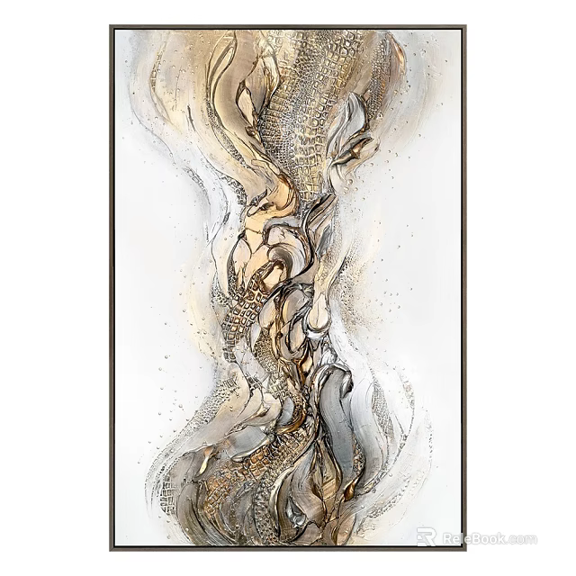 Modern Abstract Painting With Gold Silver Beige Fluid Wavy Lines And Sparkling Accents 3d model 