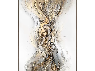 Modern Abstract Painting With Gold Silver Beige Fluid Wavy Lines And Sparkling Accents 3d model