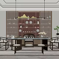 Classic Tea Room With Wooden Tea Table Tea Sets Porcelain Display Shelf And Scenic View