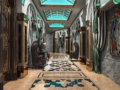 Luxurious KTV Corridor Design With Ornate Ceiling Marble Flooring And Decorative Doors 3d model
