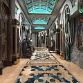 Luxurious KTV Corridor Design With Ornate Ceiling Marble Flooring And Decorative Doors