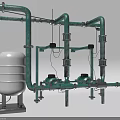 Green Industrial Pipes System With Water Storage Tank And Pumps Setup