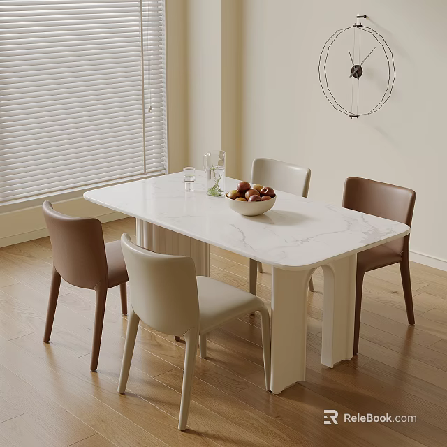 Modern Dining Table And Chairs Set With White Marble Tabletop Beige Brown Chairs Wooden Floor 3d model 