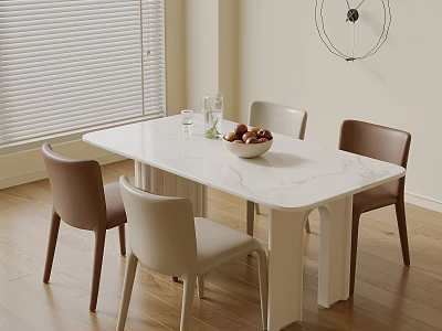 Modern Dining Table And Chairs Set With White Marble Tabletop Beige Brown Chairs Wooden Floor 3d model