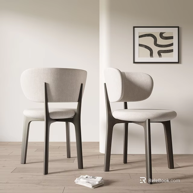 Minimalist Contemporary Dining Chairs With Light Fabric Seats Dark Wooden Legs And Curved Backrests 3d model 