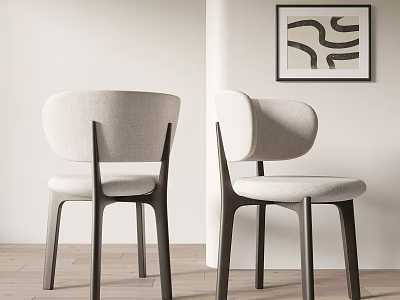 Minimalist Contemporary Dining Chairs With Light Fabric Seats Dark Wooden Legs And Curved Backrests 3d model