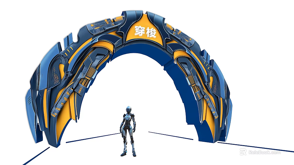 Futuristic Event Gateway Featuring Blue Yellow Arc Structure Shuttle Theme and Sci Fi Character 3d model 