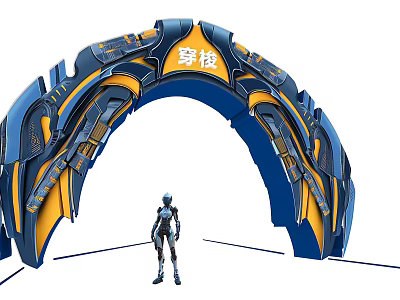 Futuristic Event Gateway Featuring Blue Yellow Arc Structure Shuttle Theme and Sci Fi Character 3d model