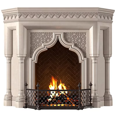 Classic Ornate Fireplace with Intricate Carved Mantel Herringbone Brick Interior and Flaming Fire 3d model