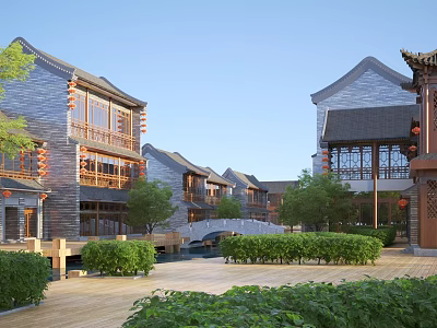 Ancient Chinese Architecture Complex With Courtyard Small Bridge Green Plants And Wooden Windows 3d model