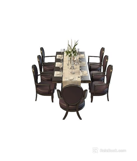 Elegant Dining Table With Black Chairs Vase And Tableware Decoration Setup 3d model 