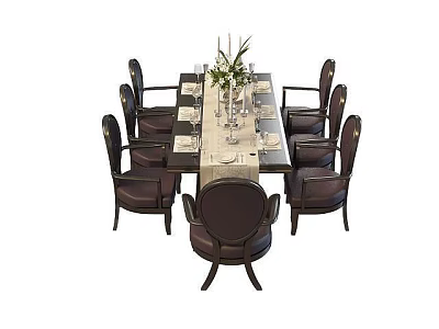 Elegant Dining Table With Black Chairs Vase And Tableware Decoration Setup 3d model