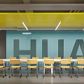 Modern Conference Room Interior With Long Table Yellow Chairs Circular Lights And Large Screen