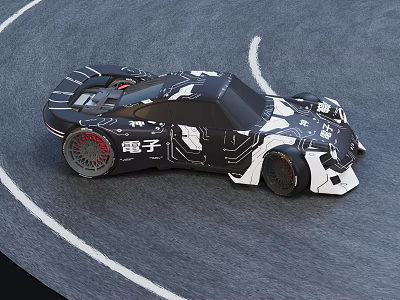 Futuristic Black And White Racing Car With Aerodynamic Design On Track 3d model