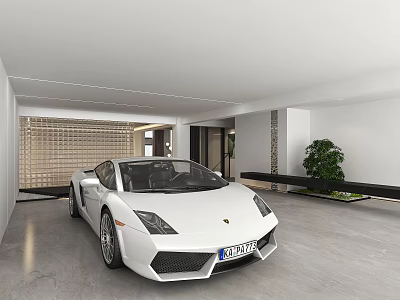 Modern Garage Interior Design With White Sports Car And Concrete Floor And Potted Plant 3d model