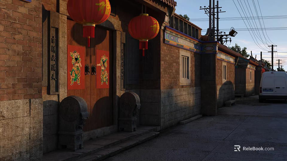 Traditional Commercial Street With Hanging Red Lanterns Door Couplets Stone Lions And Brick Houses 3d model 