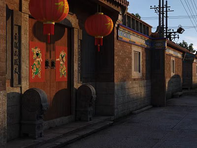 Traditional Commercial Street With Hanging Red Lanterns Door Couplets Stone Lions And Brick Houses 3d model
