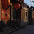 Traditional Commercial Street With Hanging Red Lanterns Door Couplets Stone Lions And Brick Houses