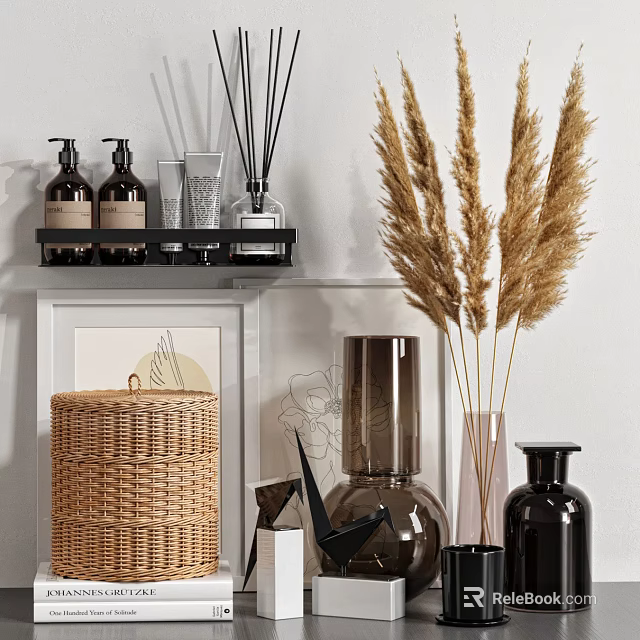 Stylish Bathroom Accessories With Black Shelf Soap Dispensers Fragrance Bottles Pampas Grass And Wicker Basket 3d model 