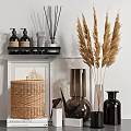 Stylish Bathroom Accessories With Black Shelf Soap Dispensers Fragrance Bottles Pampas Grass And Wicker Basket