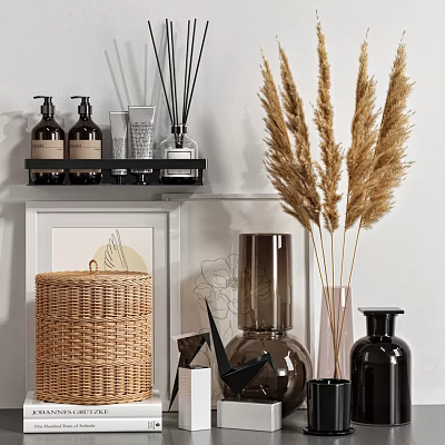 Stylish Bathroom Accessories With Black Shelf Soap Dispensers Fragrance Bottles Pampas Grass And Wicker Basket 3d model