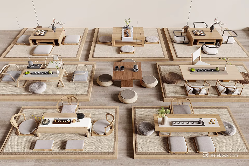 Natural Wooden Tea Table And Chairs For Home Tea Room With Cushions And Tea Sets 3d model 