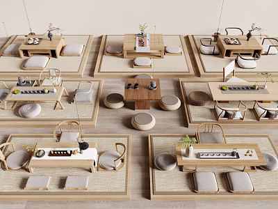 Natural Wooden Tea Table And Chairs For Home Tea Room With Cushions And Tea Sets 3d model