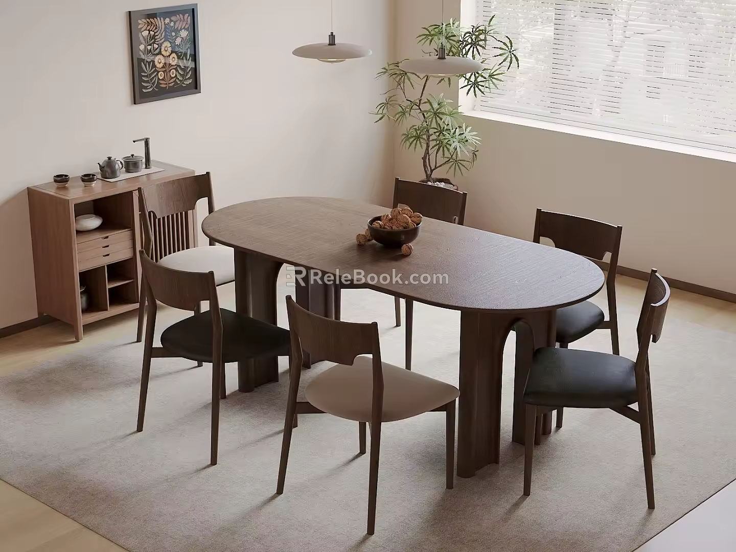 Middle Ancient Dining Table and Chair Middle Ancient Dining Table and Chair Combination Sideboard Green Plant Carpet 3d model