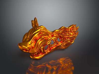 Golden Animal Head Clothing Accessory With Flame Design And Shiny Surface For Fashion Hats 3d model