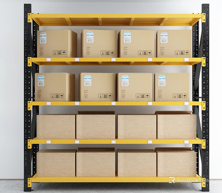 Yellow Metal Storage Shelving with Stacked Cardboard Boxes on Multiple Layers 3d model