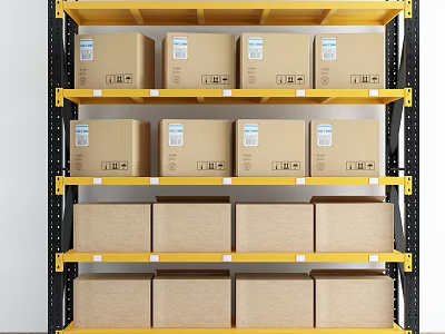 Yellow Metal Storage Shelving with Stacked Cardboard Boxes on Multiple Layers 3d model