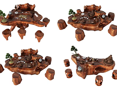 Wooden Tea Table And Stools With Natural Root Design And Small Plants 3d model