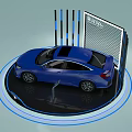 Showcase Shelves with Blue Car Display Featuring Vertical Bars Grid Screen and Circular Platform