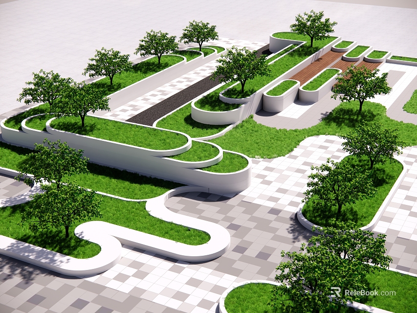 Modern White Curved Tree Planters With Green Lawns And Trees In Urban Landscape Design 3d model 