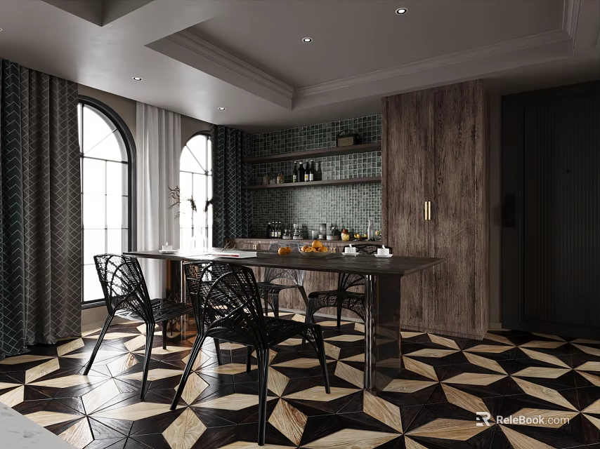 Elegant Restaurant Interior Featuring Geometric Pattern Floor Arched Windows Green Tiled Wall And Wooden Cabinets 3d model 