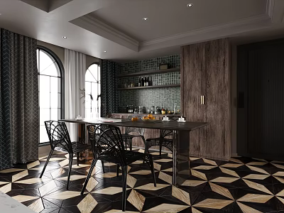 Elegant Restaurant Interior Featuring Geometric Pattern Floor Arched Windows Green Tiled Wall And Wooden Cabinets 3d model
