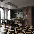 Elegant Restaurant Interior Featuring Geometric Pattern Floor Arched Windows Green Tiled Wall And Wooden Cabinets