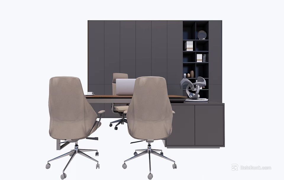 Modern Office Desk With Dark Gray Cabinets Bookshelf Beige Chairs And Laptop 3d model 