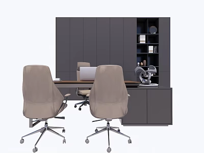 Modern Office Desk With Dark Gray Cabinets Bookshelf Beige Chairs And Laptop 3d model