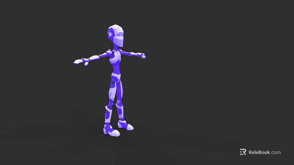 Purple and White Articulated Robot 3D Model as Game and Film Character with Arms Outstretched 3d model 