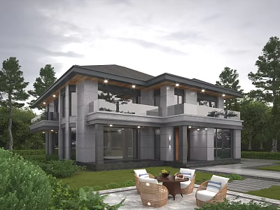 Modern Detached Villa With Gray Stone Exterior Large Windows Balcony And Garden Patio 3d model