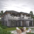 Modern Detached Villa With Gray Stone Exterior Large Windows Balcony And Garden Patio