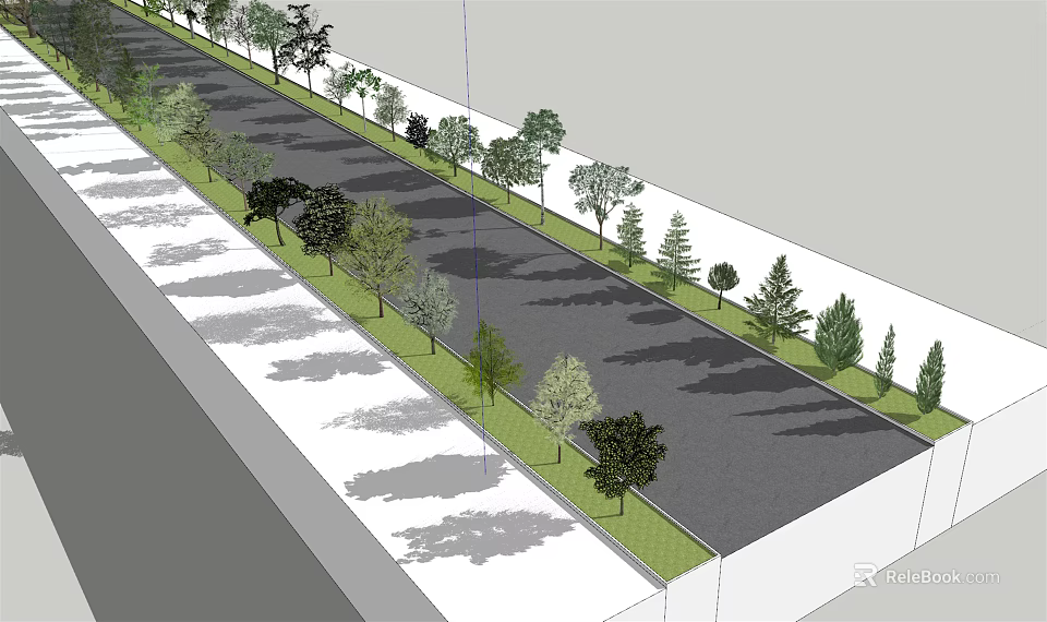 Tall Trees Neatly Arranged Along Roadside With Green Landscape And Shadows 3d model 