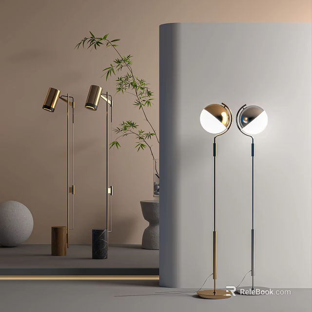 Modern Floor Lamps With Slim Metal Poles And Round Reflective Shades 3d model 