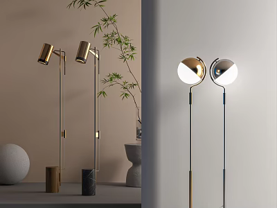 Modern Floor Lamps With Slim Metal Poles And Round Reflective Shades 3d model
