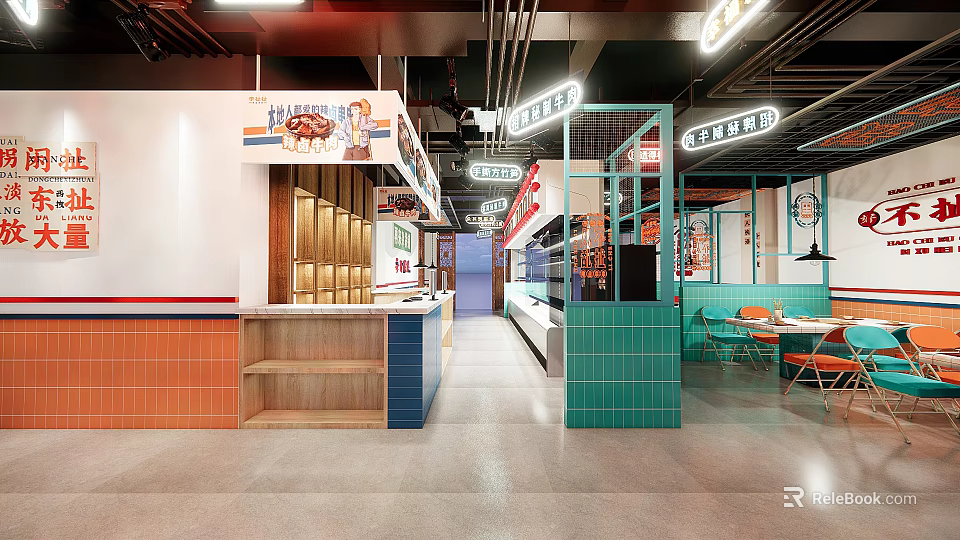 Vibrant Modern Hotpot Restaurant Interior With Colorful Tiles Neon Signs And Seating Area 3d model 