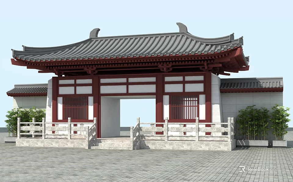 Chinese Traditional Gate Design With Red Frame Classic Roof And White Railings 3d model 