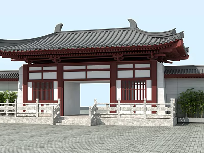 Chinese Traditional Gate Design With Red Frame Classic Roof And White Railings 3d model