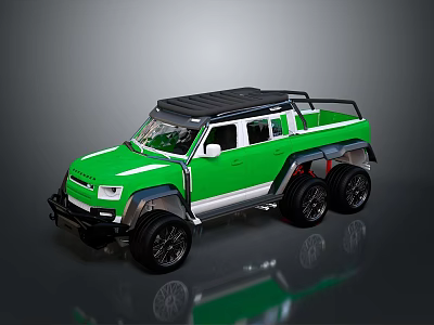 Green Six Wheel Pickup Truck With Off Road Style Black Roof Rack And Large Tires 3d model